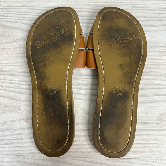 Salt Water Sandals WMNS 9 Hoyway Classic Slides Tan Leather Slip On Flat Buckle - Picture 8 of 11